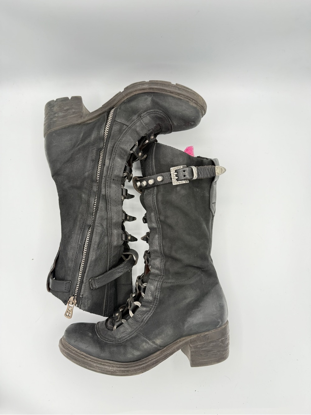 A.S.  98 Bardo Tall Black Buckle Boots Grunge Goth Leather Combat Biker - Picture 6 of 9